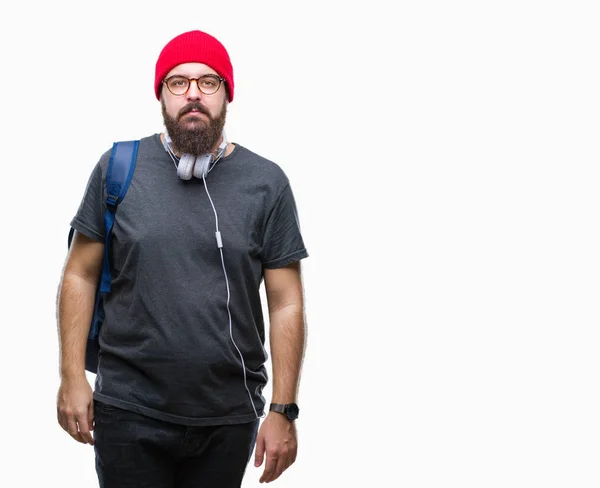 Homem Jovem Hipster Vestindo Boné Vermelha Mochila Sobre Fundo Isolado — Fotografia de Stock
