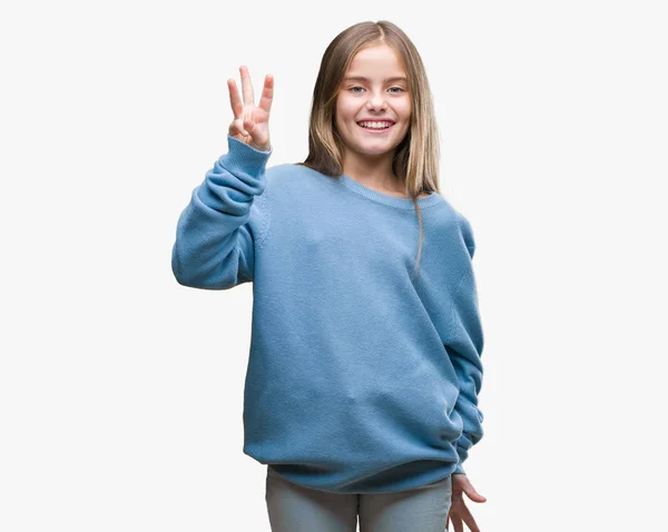 美しい若い女の子着て冬セーター分離背景表示と指で上向きに番号自信を持って 幸せな笑みを浮かべている間 — ストック写真