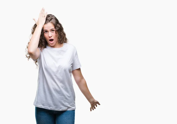 Hermosa Morena Pelo Rizado Chica Joven Con Camiseta Casual Sobre — Foto de Stock