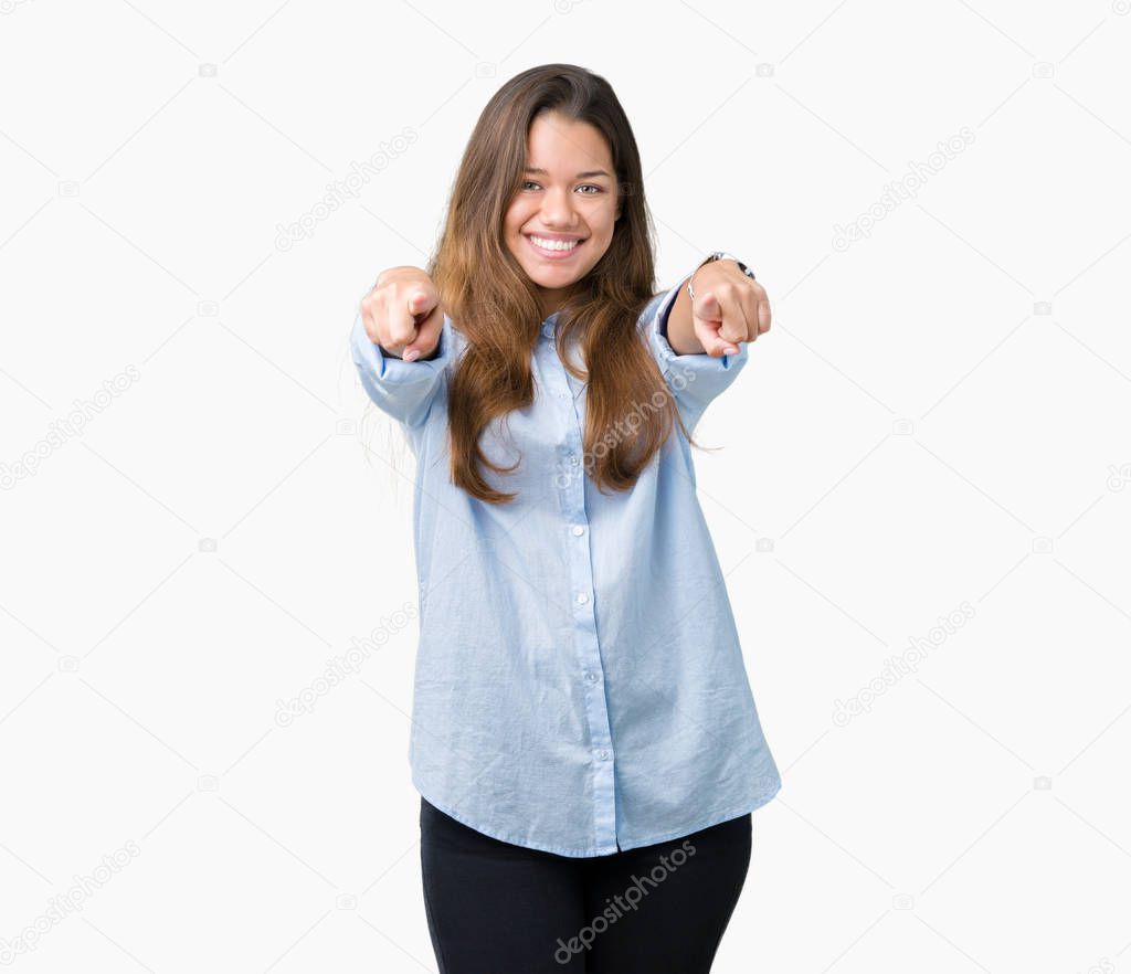 Young beautiful brunette business woman over isolated background Pointing to you and the camera with fingers, smiling positive and cheerful