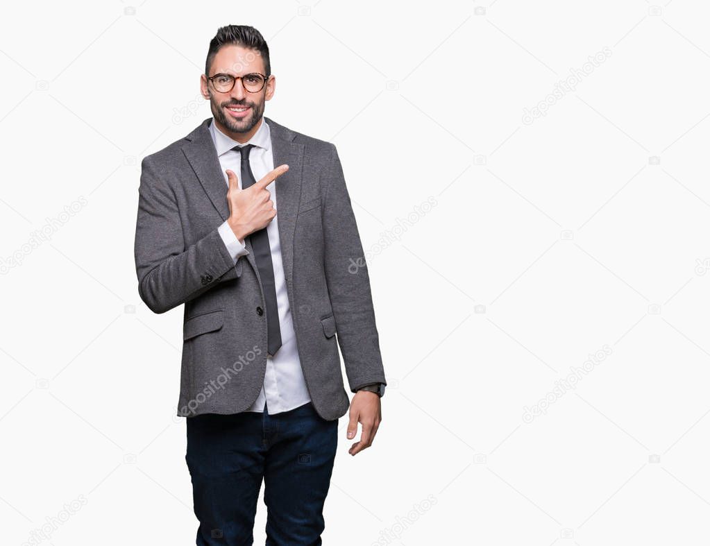 Young handsome business man over isolated background cheerful with a smile of face pointing with hand and finger up to the side with happy and natural expression on face