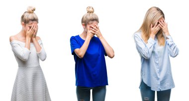 Kolaj genç güzel sarışın kadının yüzünü elleri ile ağlayarak süre kapsayan üzgün ifade ile izole arka plan üzerinde. Depresyon kavramı.