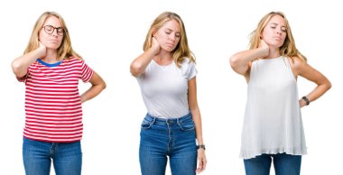 Güzel sarışın kadın beyaz izole yüzünden kolaj elle, kas ağrısı boyun dokunmadan acı boyun ağrısı yaralanma, arka plan