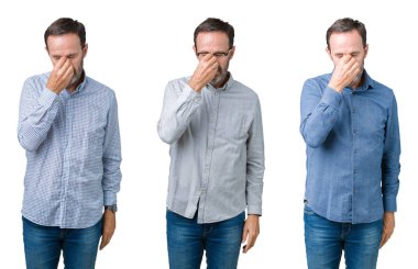 Kolaj yakışıklı üst düzey iş adamı üzerinde beyaz bir arka plan duygu yorgunluk ve baş ağrısı gözleri ve burun sürtme yorgun izole. Stres ve hayal kırıklığı kavramı.