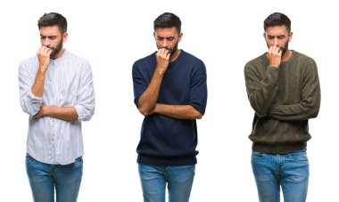 Yakışıklı genç Hintli adam stresli ve gergin ile izole arka plan üzerinde kolaj tırnak ısırma dudaklarından eller. Anksiyete sorunu.