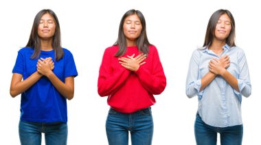 Asyalı Genç kadın kapalı gözler ile göğüs ellerinde ve yüzünde minnettar jest ile gülümseyen beyaz izole arka plan üzerinde duran kolaj. Sağlık kavramı.