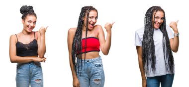 Güzel örgülü saç Afrikalı-Amerikalı kadın doğum işareti üzerinde seyir ve başparmak yanında yukarıyı mutlu yüz ile gülümseyen izole arka plan ile kolaj.