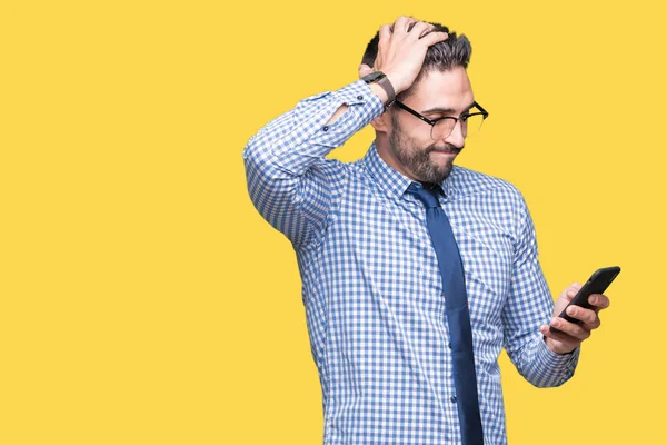 Joven Hombre Negocios Que Utiliza Teléfono Inteligente Sobre Fondo Aislado —  Fotos de Stock