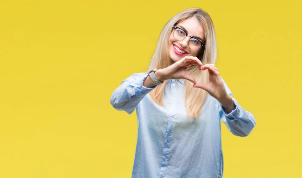 Jonge Mooie Blonde Zakenvrouw Bril Geïsoleerde Achtergrond Glimlachend Liefde Met — Stockfoto