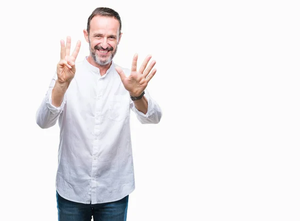 Middle Age Hoary Senior Man Isolated Background Showing Pointing Fingers — Stock Photo, Image