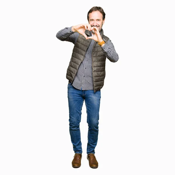 Middle Age Handsome Man Wearing Winter Vest Smiling Love Showing — Stock Photo, Image