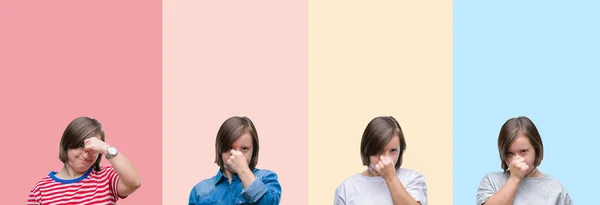 Collage Syndrome Woman Colorful Stripes Isolated Background Tired Rubbing Nose — Stock Photo, Image