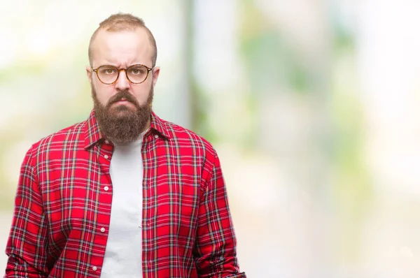 Jonge Kaukasische Hipster Man Met Bril Geïsoleerde Achtergrond Scepticus Nerveus — Stockfoto