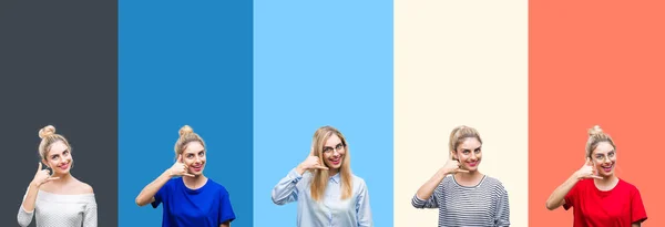 Collage Unga Vackra Blonda Kvinnan Över Levande Färgglada Vintage Stripes — Stockfoto