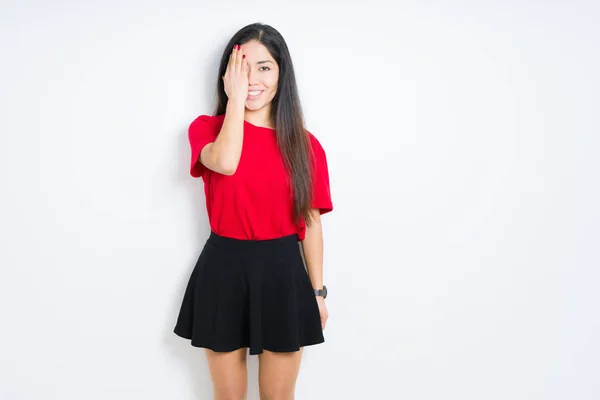 Beautiful Brunette Woman Wearing Red Shirt Skirt Isolated Background Covering — Stock Photo, Image