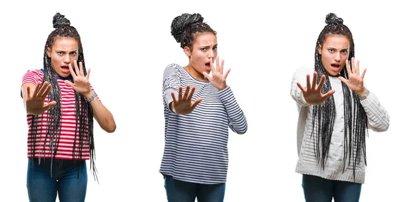 Collage Hermoso Cabello Trenzado Mujer Afroamericana Sobre Fondo Aislado Asustado —  Fotos de Stock