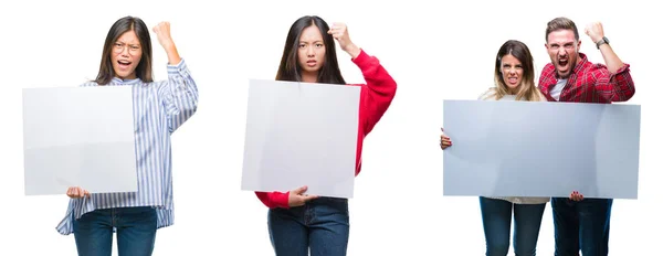 Collage Chinese Hispanish People Holding Banner Isolated Background Annoyed Frustrated — Stock Photo, Image