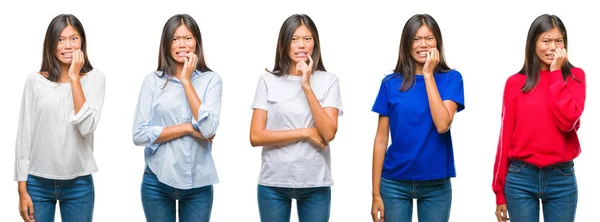 Samenstelling Van Chinese Aziatische Vrouw Geïsoleerde Achtergrond Zoek Gestresst Nerveus — Stockfoto