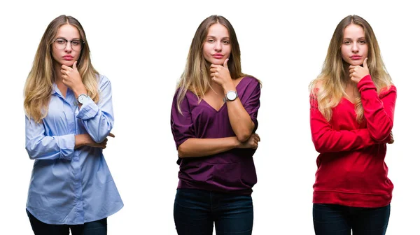 Collage Unga Vackra Blonda Kvinnan Över Isolerade Bakgrund Ser Självsäker — Stockfoto