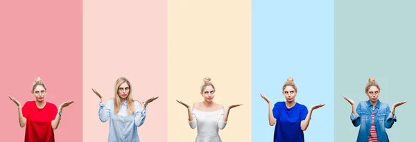 Kolaj Renkli Çizgiler Üzerinde Güzel Sarışın Kadının Arka Plan Clueless — Stok fotoğraf
