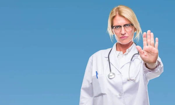 Middle Age Blonde Doctor Woman Isolated Background Doing Stop Sing — Stock Photo, Image