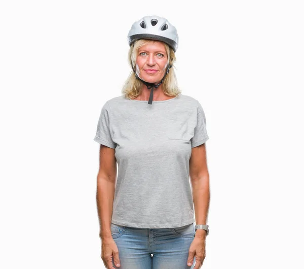 Mujer Ciclista Caucásica Mediana Edad Que Usa Casco Seguridad Sobre — Foto de Stock