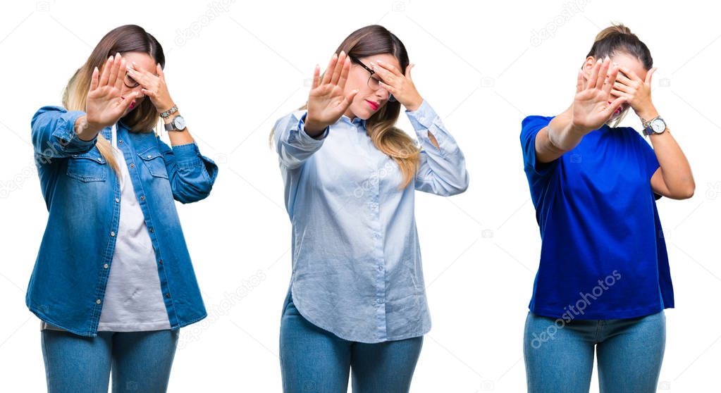 Collage of young beautifulwoman wearing glasses over isolated background covering eyes with hands and doing stop gesture with sad and fear expression. Embarrassed and negative concept.