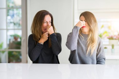 Anne ve kızı, birlikte güzel ailesinin evde bir şey pis ve iğrenç kokulu, dayanılmaz koku, holding nefes burun parmaklar ile. Kötü kokuyor kavramı.