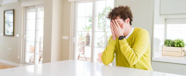 Wide Angle Shot Young Handsome Man Home Sad Expression Covering — Stock Photo, Image