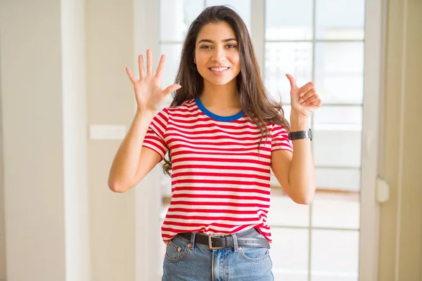 Young Beautiful Woman Wearing Casual Shirt Showing Pointing Fingers Number — Stock Photo, Image