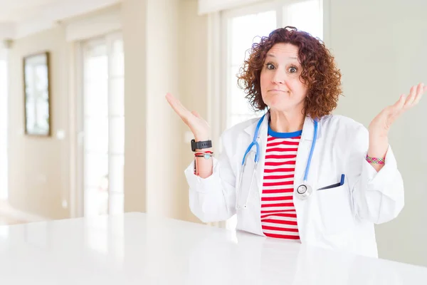 Senior Doctor Woman Wearing Medical Robe Clinic Clueless Confused Expression — Stock Photo, Image