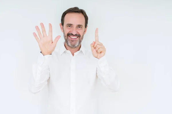 Elegant Senior Man Isolated Background Showing Pointing Fingers Number Six — Stock Photo, Image