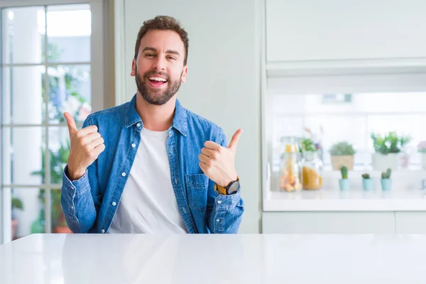 Handsome Man Home Success Sign Doing Positive Gesture Hand Thumbs — Stock Photo, Image