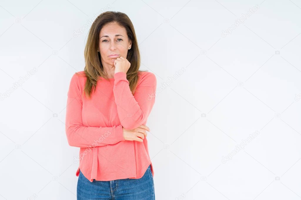 Beautiful middle age woman over isolated background thinking looking tired and bored with depression problems with crossed arms.