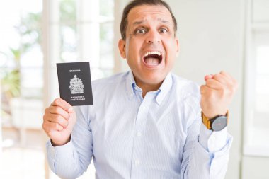 Duygu tezahürat gurur çığlık ve zafer ve başarı çok heyecanlı, kutluyor Kanada pasaportu elinde tutan orta yaş erkek