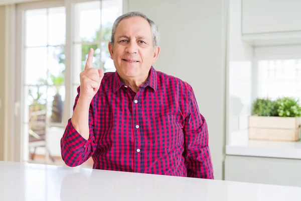 Hombre Mayor Guapo Casa Mostrando Señalando Con Dedo Número Uno — Foto de Stock