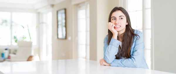 Wide Angle Picture Beautiful Young Woman Sitting White Table Home — Stock Photo, Image