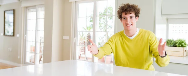 Wide Angle Shot Young Handsome Man Home Looking Camera Smiling — Stock Photo, Image