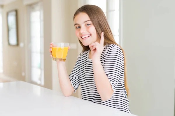 Beautiful Young Girl Kid Drinking Glass Fresh Orange Juice Surprised — Stock Photo, Image
