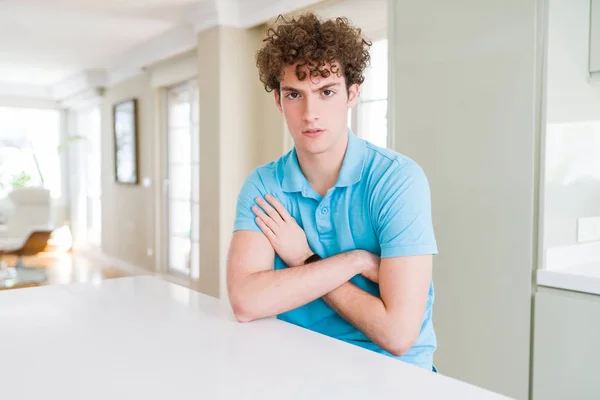 Young Handsome Man Wearing Casual Blue Shirt Home Skeptic Nervous — Stock Photo, Image