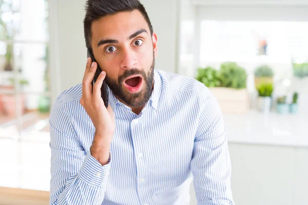 Handsome Hispanic Business Man Having Conversation Talking Smartphone Scared Shock — Stock Photo, Image