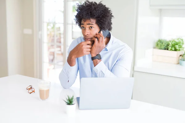 African American Business Man Talking Phone Serious Face Thinking Question — Stock Photo, Image