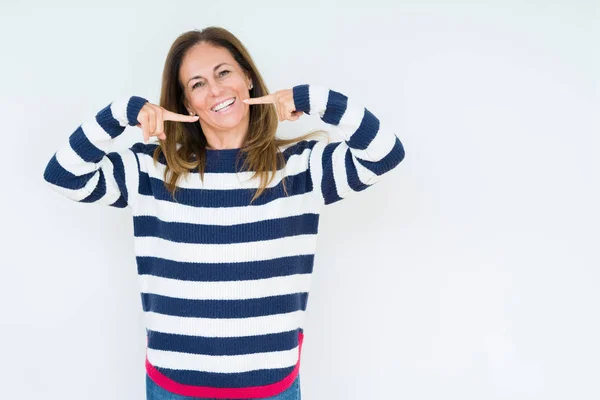 Beautiful Middle Age Woman Wearing Navy Sweater Isolated Background Smiling — Stock Photo, Image