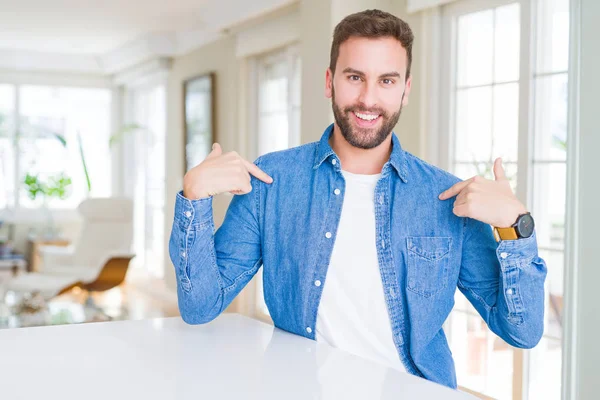 Handsome Man Home Looking Confident Smile Face Pointing Oneself Fingers — Stock Photo, Image