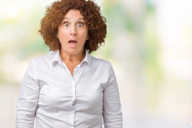 İzole arka plan korkuyor ve sürpriz ifade, korku ve heyecan yüz ile şok güzel orta ager üst düzey businees kadın.