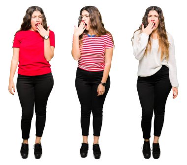 Kolaj güzel genç kadının beyaz izole arka plan üzerinde el ile ağız kapsayan yorgun esneme sıkılmış. Restless ve uyku hali.