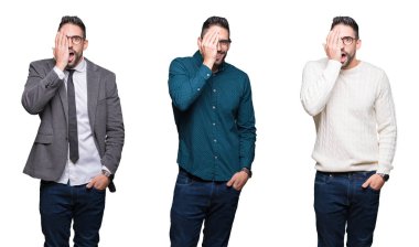 Kolaj yakışıklı iş adamı üzerinde beyaz bir arka plan kapsayan bir göz yüz ve sürpriz duygu kendinden emin gülümseme ile el ile izole.