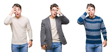 Sürpriz yüz, göz parmaklarının arasından seyir ile kolaj genç yakışıklı iş adamı ok jest yapıyor izole arka plan üzerinde bir şok. İmansız ifade.