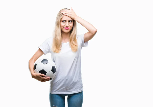 Junge Schöne Blonde Frau Mit Fußball Über Isoliertem Hintergrund Gestresst — Stockfoto
