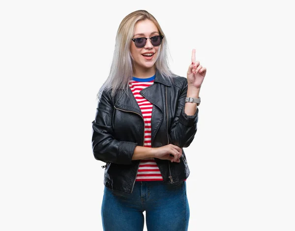 Young Blonde Woman Wearing Fashion Jacket Sunglasses Isolated Background Big — Stock Photo, Image